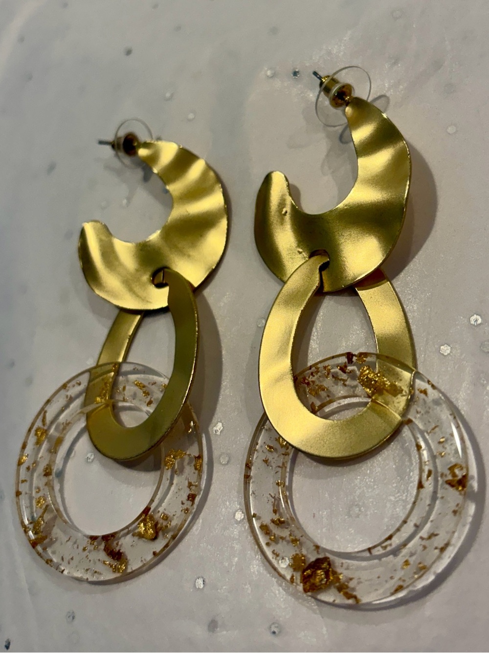 Gold Link Drop Earrings with Clear Gold-Fleck Hoops - Picture 3 of 4